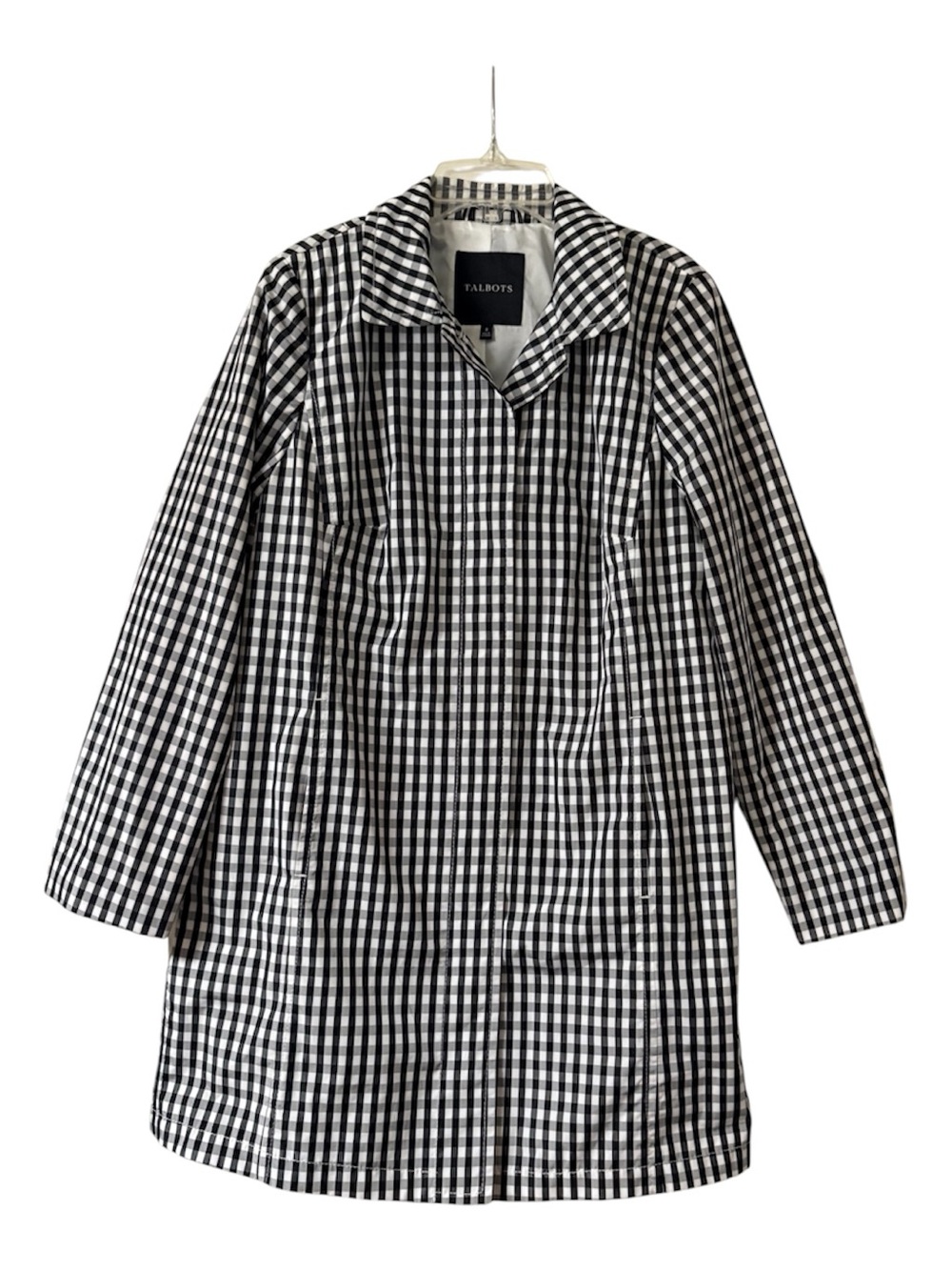 Talbots Classic Gingham Mac Black & White Button-Up Raincoat Trench Size 8 - Picture 2 of 16